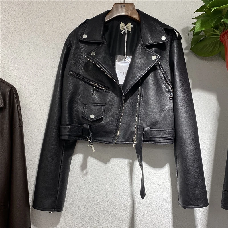 Primavera otoño elegante cremallera oblicua cintura delgada con cordones de piel sintética mujeres Biker chaqueta corta Casual mujer Moto prendas de vestir ropa de calle