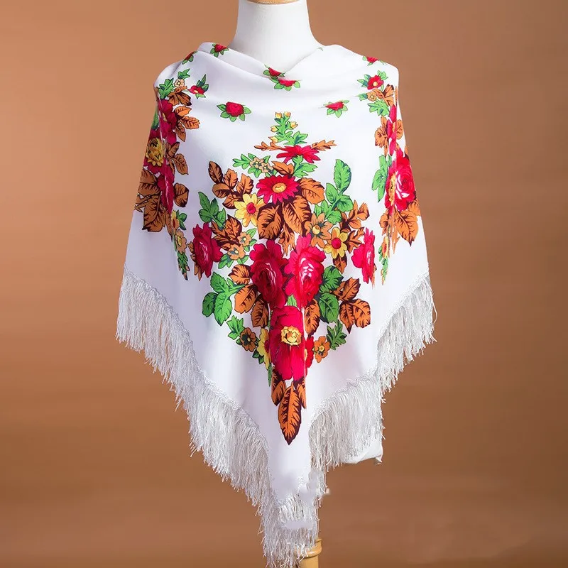 Bufanda cuadrada nacional rusa para mujer, chal de algodón con estampado de flores de gran tamaño, Fular Retro con flecos para invierno