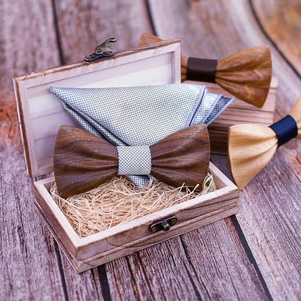 Novo design de madeira gravata borboleta para o casamento sólido xadrez bolso quadrado abotoaduras broche bowtie conjunto terno dos homens hanky