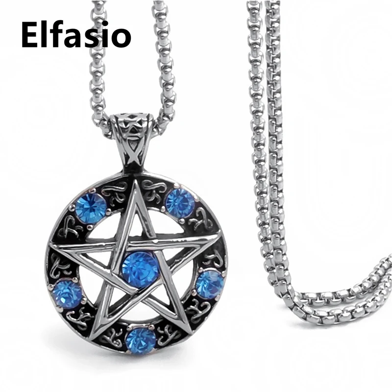 Elfasio Celtic Wicca Pentagram Star Men Women Stainless Steel Necklace Blue/Red/Black/White/Purple Amulet Pendant Chain