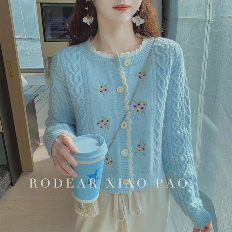 2022 Autumn Sweet Wavy Edge Twist Preppy Style Loose Cardigan Sweater Korean O-neck Flower Embroidery Blue White Knitted Sweate