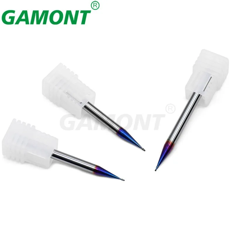 GAMONT 텅스텐강 카바이드 CNC 기계 센터 엔드밀 공구, 블루 나노 코팅, 마이크로 직경 2F 볼 노즈 밀링 커터, HRC70