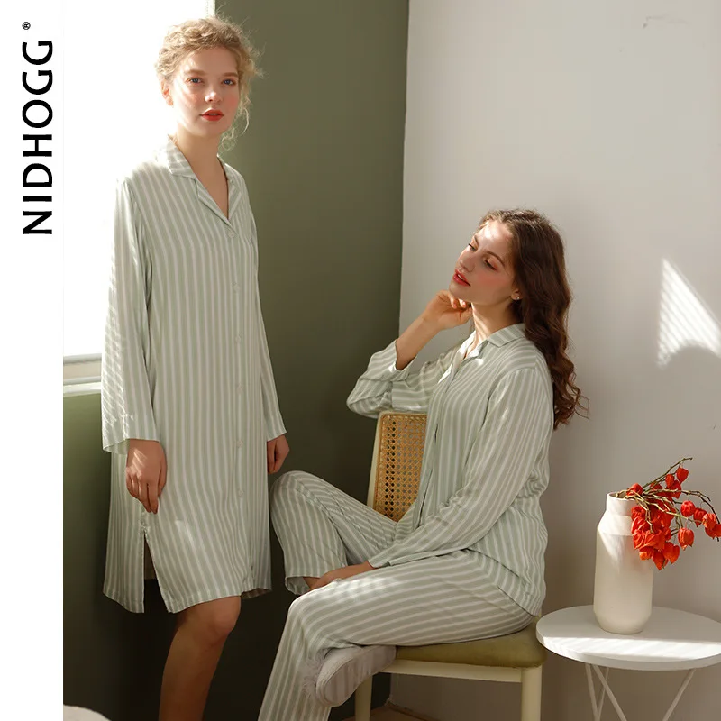 Spring Satin Nightgowns Long Sleeve Women Sleepwear Viscose Green Striped Sleepshirts Night Dress Sexy Sleep Tops Comfortable