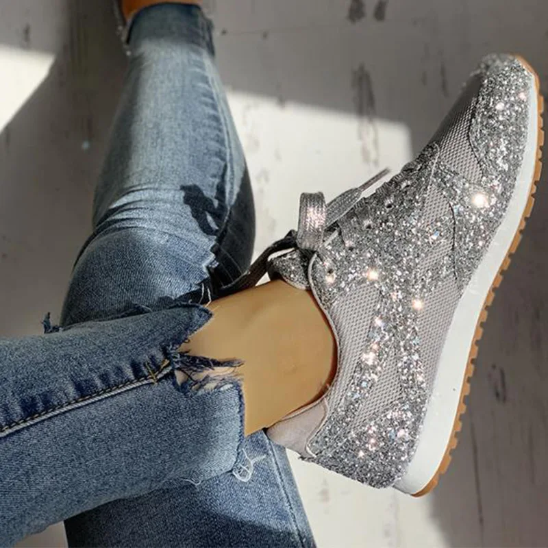 Scarpe da ginnastica piatte da donna con glitter Scarpe vulcanizzate bling casual Piattaforma con lacci in rete femminile Comfort Taglie forti Moda