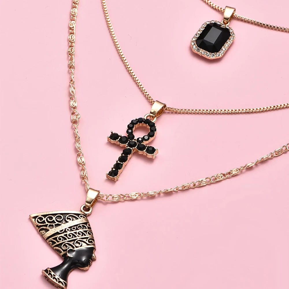 2020 Black Crystal Metal Pharaoh Female Logo Pendant Necklaces For Women New Multilevel Fashion Vintage Necklace Jewelry Gift
