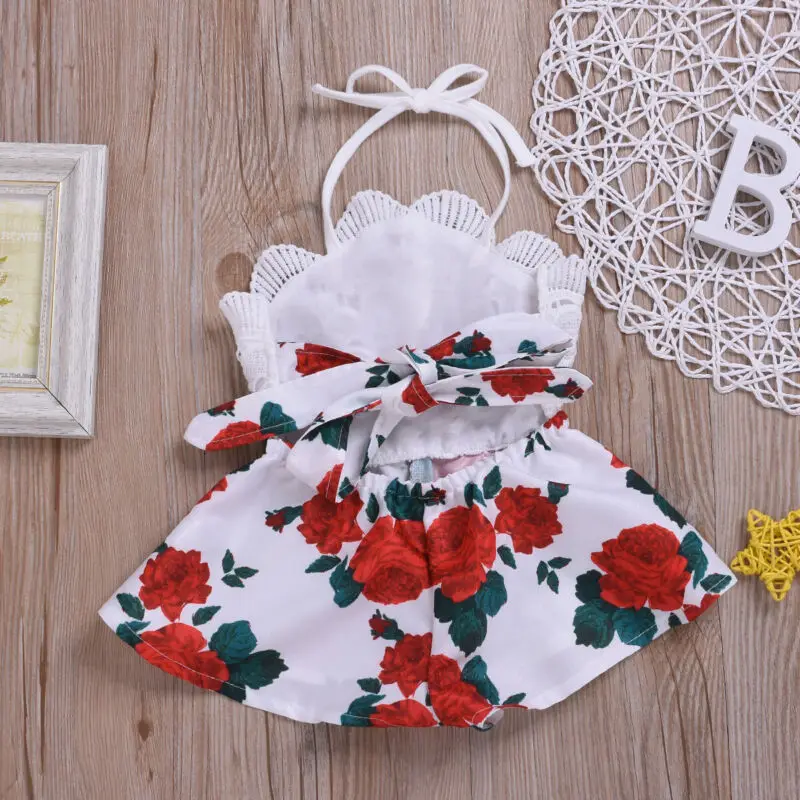 Newborn Baby Girl Clothes Sleeveless Lace Flower Print Strap Romper Jumpsuit One-Piece Outfit Summer Clothes