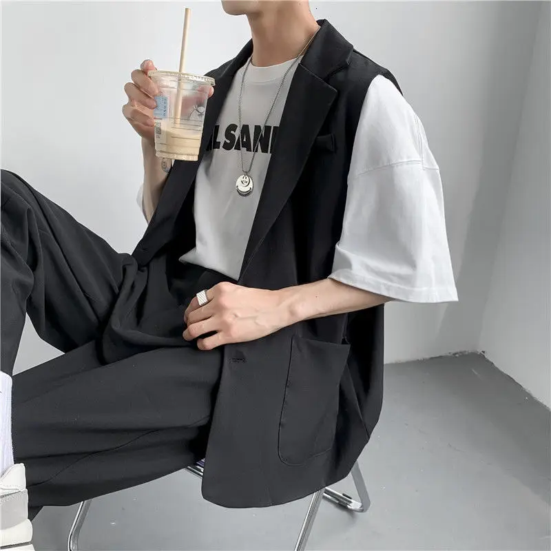 Spring Suit Vest Men's Fashion Gray Black Dress Jacket Men Suit Jacket Korean Loose Business Society Mens Blazer Vest M-2XL