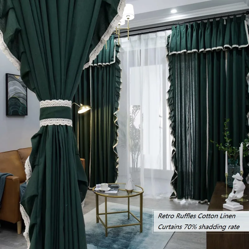 American Country Vintage Curtains Bedroom ink Green Garden Lotus Edge Ruffle Blinds Cotton Linen Window Treatments with Valance