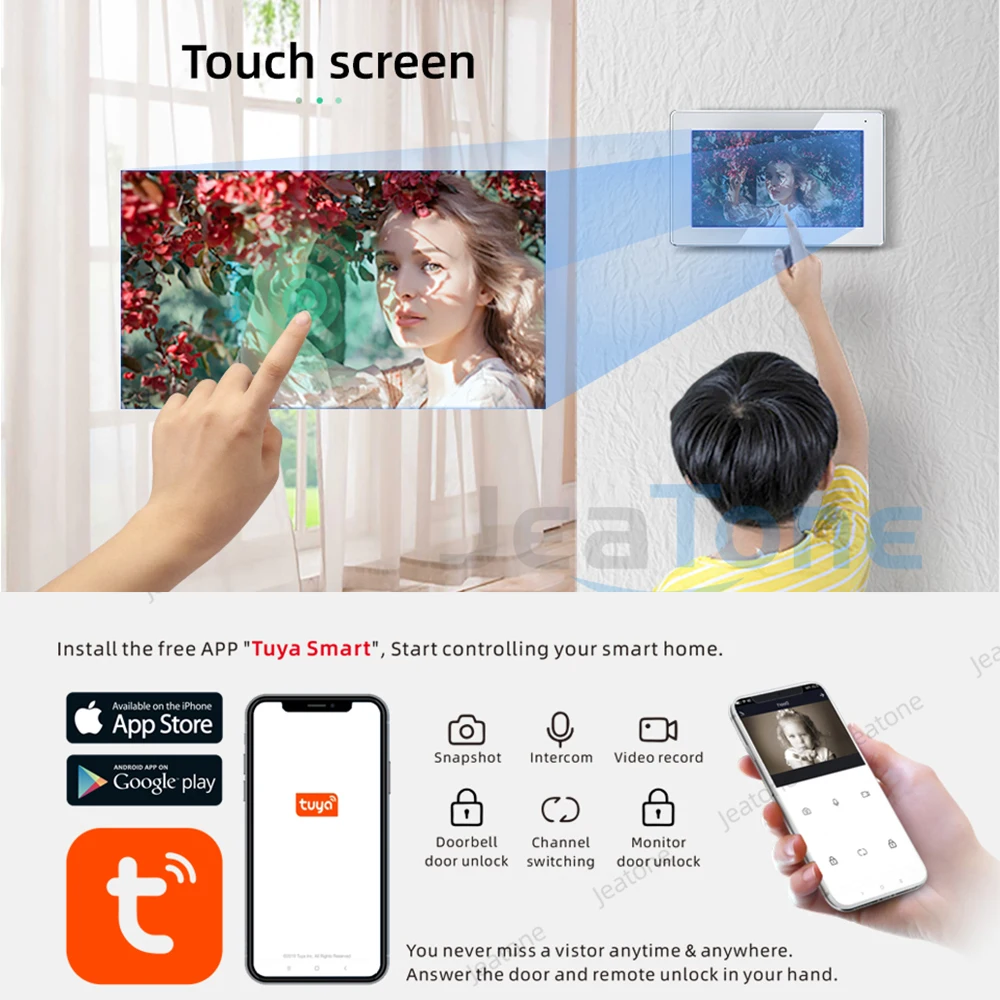 Jeatone Tuya 7 Inch Video Door Phone Intercom Doorbell WiFi Smart  Automatic Sensing Door Eye Camera For Home Apartment Monitor