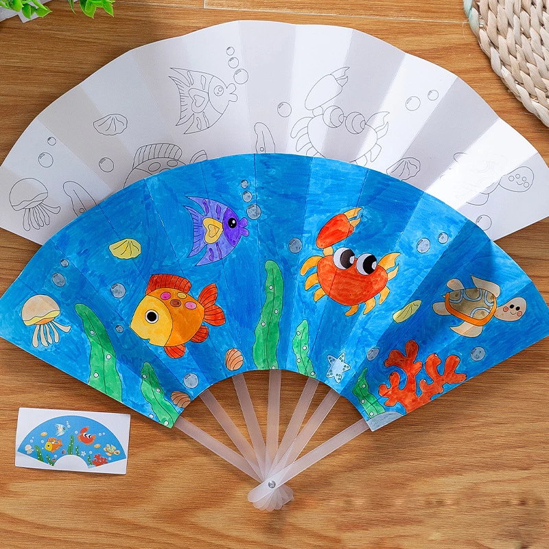 21cm Summer Blank paper fan DIY Painting Toys For Children Cartoon Animal Color Graffiti Origami Fan Art Craft Drawing Toy