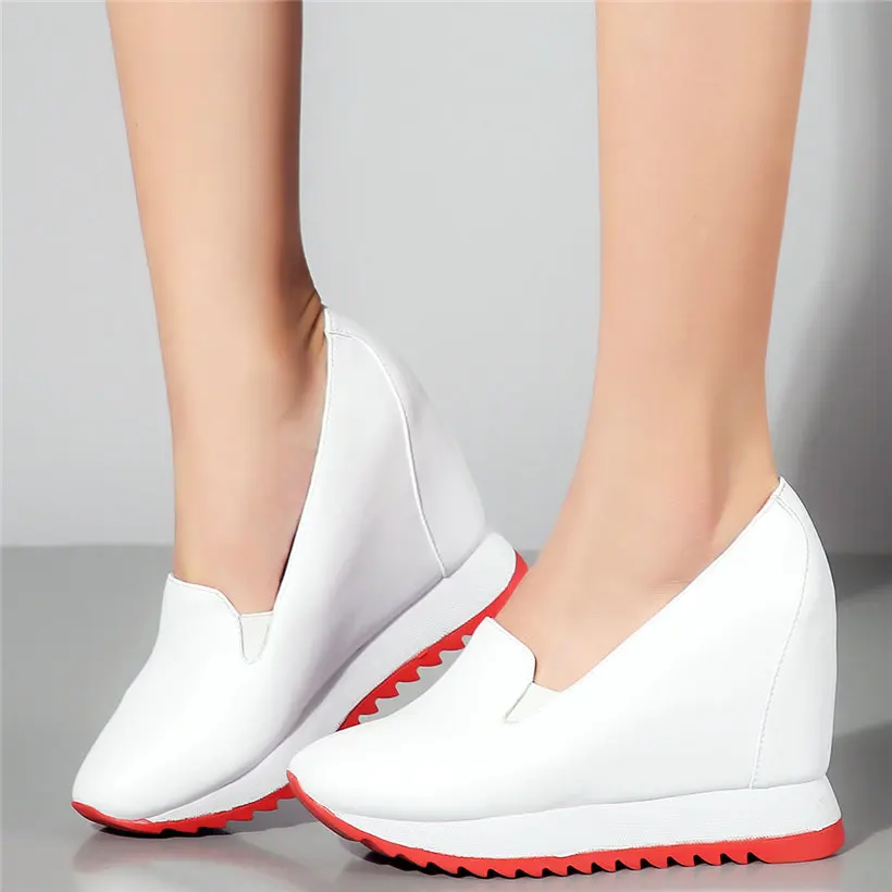 

Punk Trainers Women Genuine Leather Wedges High Heel Pumps Shoes Female Slip On Low Top Round Toe Fashion Sneakers Casual Shoes