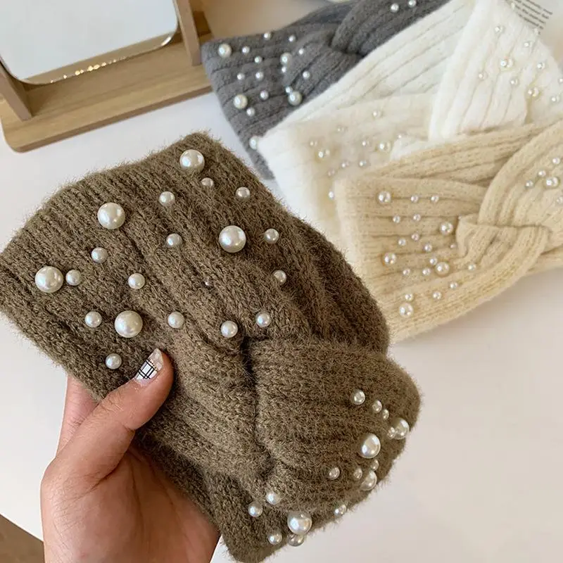 Elegant Sweet Pearls Bandanas Women Knitted Headband Wide Headwrap Warmer Ear Winter Warm Cycling Hairbands For Hair Accessories