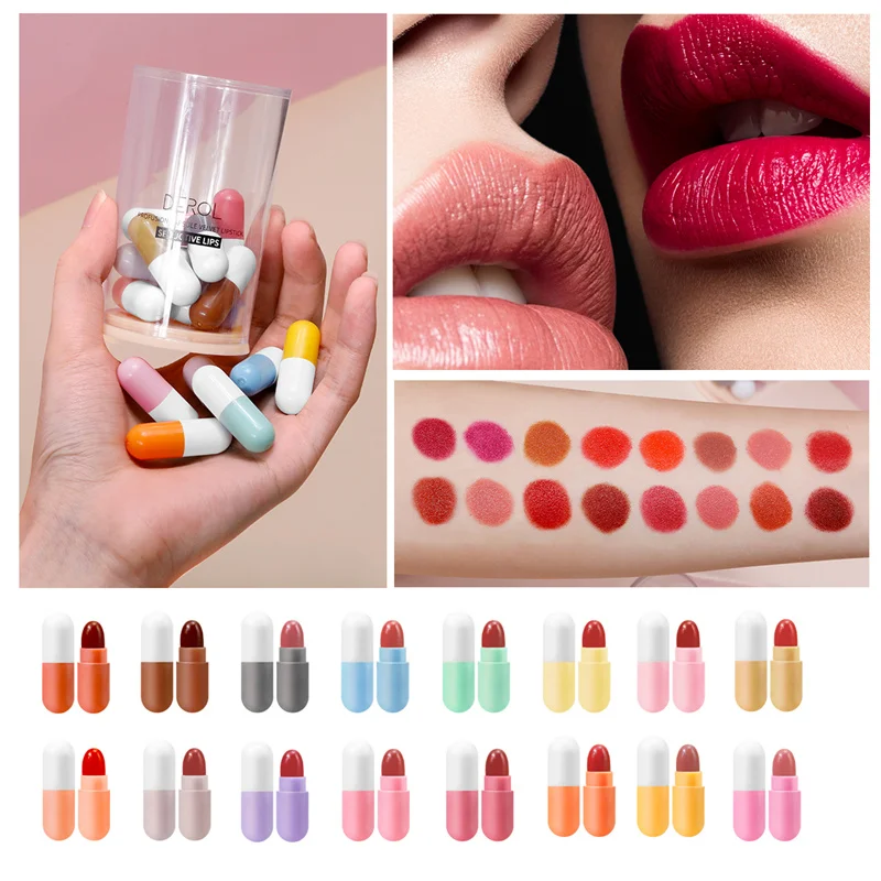 Mini 16-color Capsule Lipstick Set Waterproof Non-Stick Cup Carry Pill Lipstick Novelty Lips Makeup DIY Lipstick