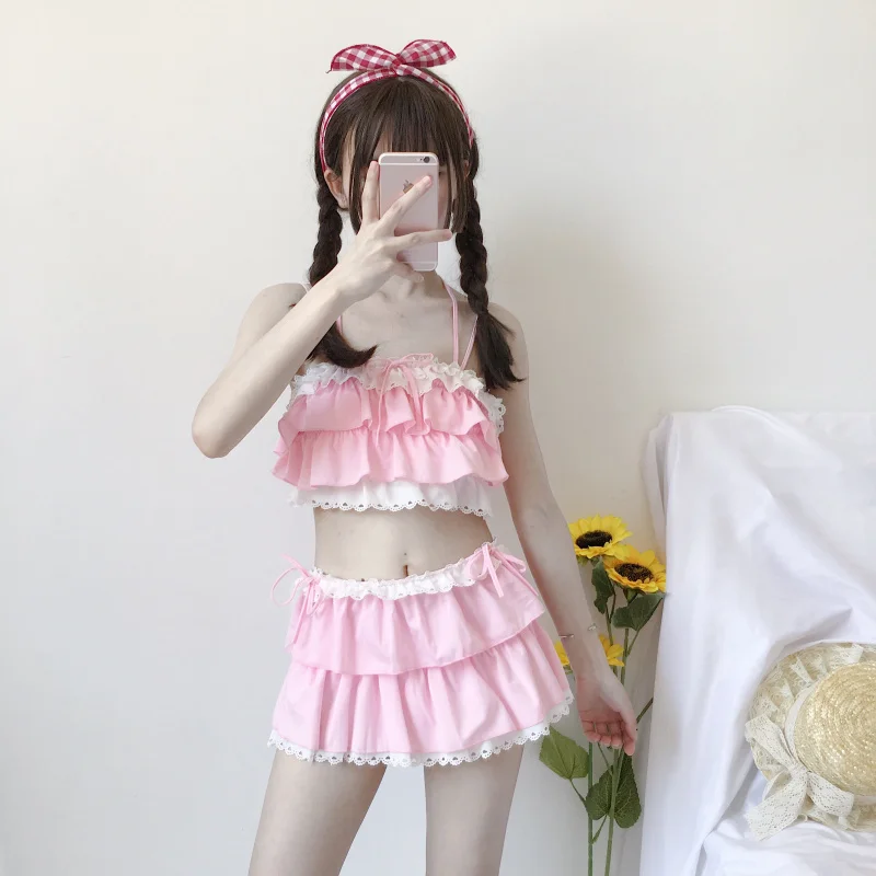 Women Bikini Set Japanese Loli Lovely Black Pink Maid Cosplay Costumes Lace Grid Bikini 2 Pieces Harajuku Kawaii Preppy Style