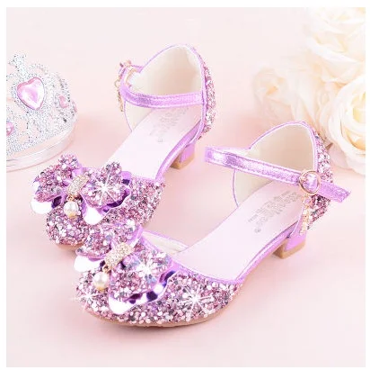 Sandalias de tacón alto con diamantes de imitación y lazo para niña, zapatos de cuero sintético para baile de princesa, color morado, rosa y