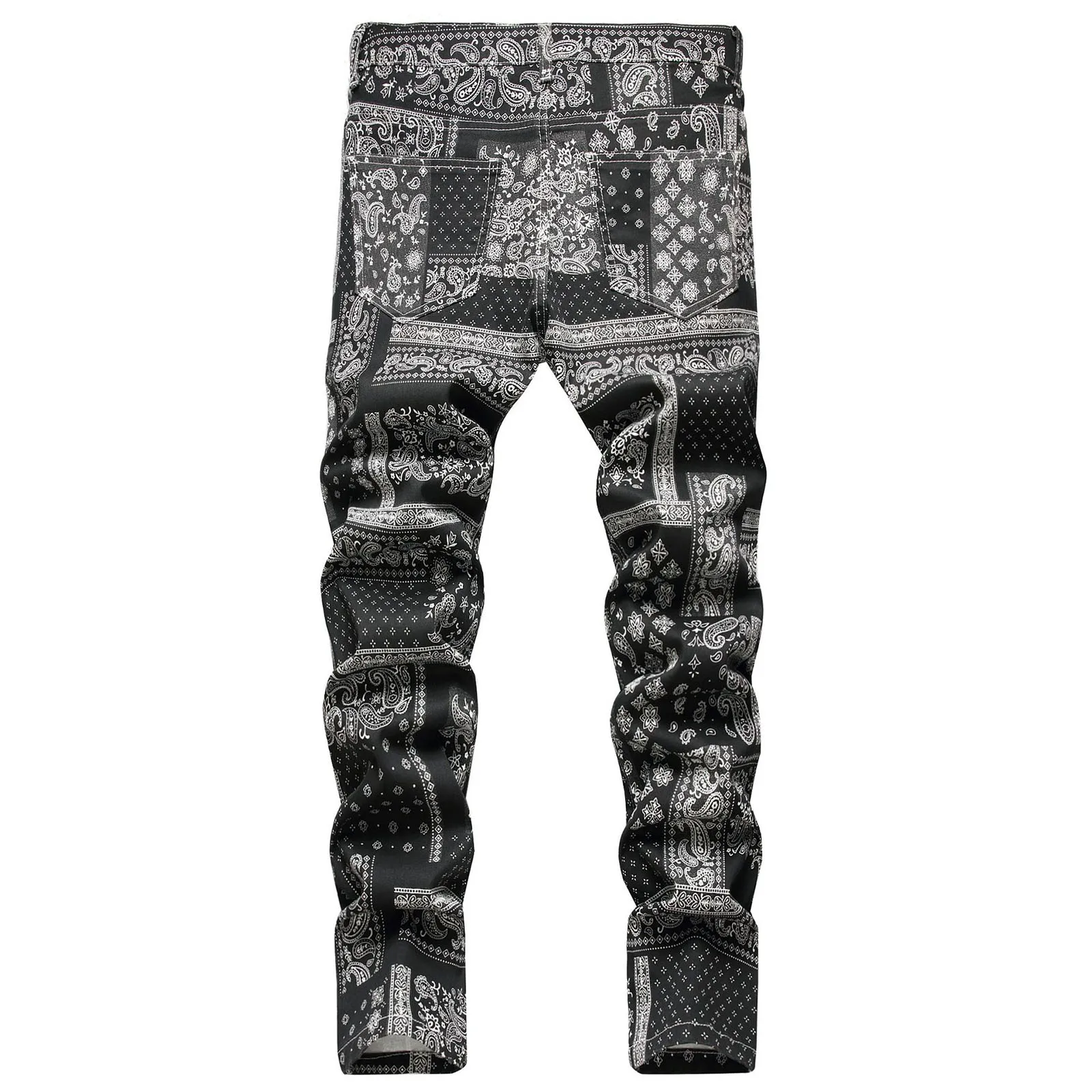 Men Paisley Bandanna Printed Jeans Fashion 3D Digital Painted Stretch Denim Pants Slim Straight Black Trousers