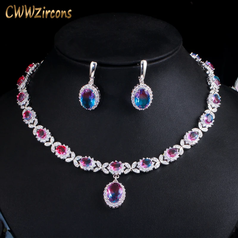 CWWZircons Bridal Gradient Tourmaline Color Oval CZ Set Halo Pendent Necklace Drop Earrings Wedding Brides Jewelry Gift T0735