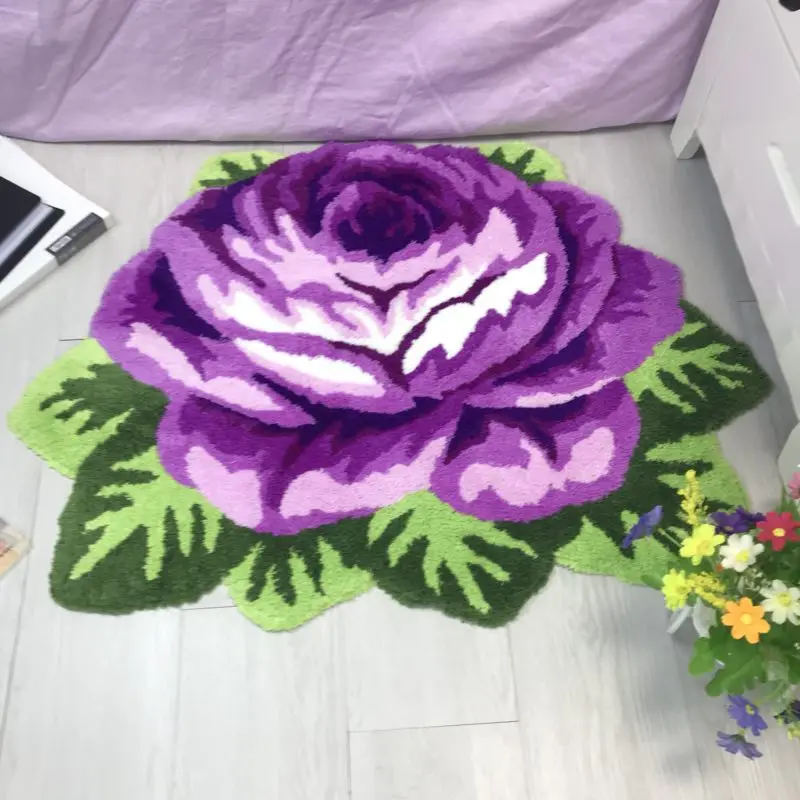 Boutique Handmade Pink/Red/Purple/Blue Rose Embroidery Carpet Wedding Room Decor Soft Rug Kitchen Restaurant Antiskid Mat