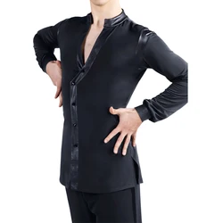 Men'S  Latin Dance Tops Black V-Neck Cha Cha Salsa Ballroom Performance Wear Samba Competition Long Sleeve Shirt Male DNV13903