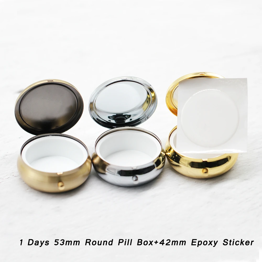 5kit 53mm Travel Pill Medicine Box 1Cell Folding Pill Case Container for Medicines Organizer Pill box+42mm Epoxy Sticker for DIY