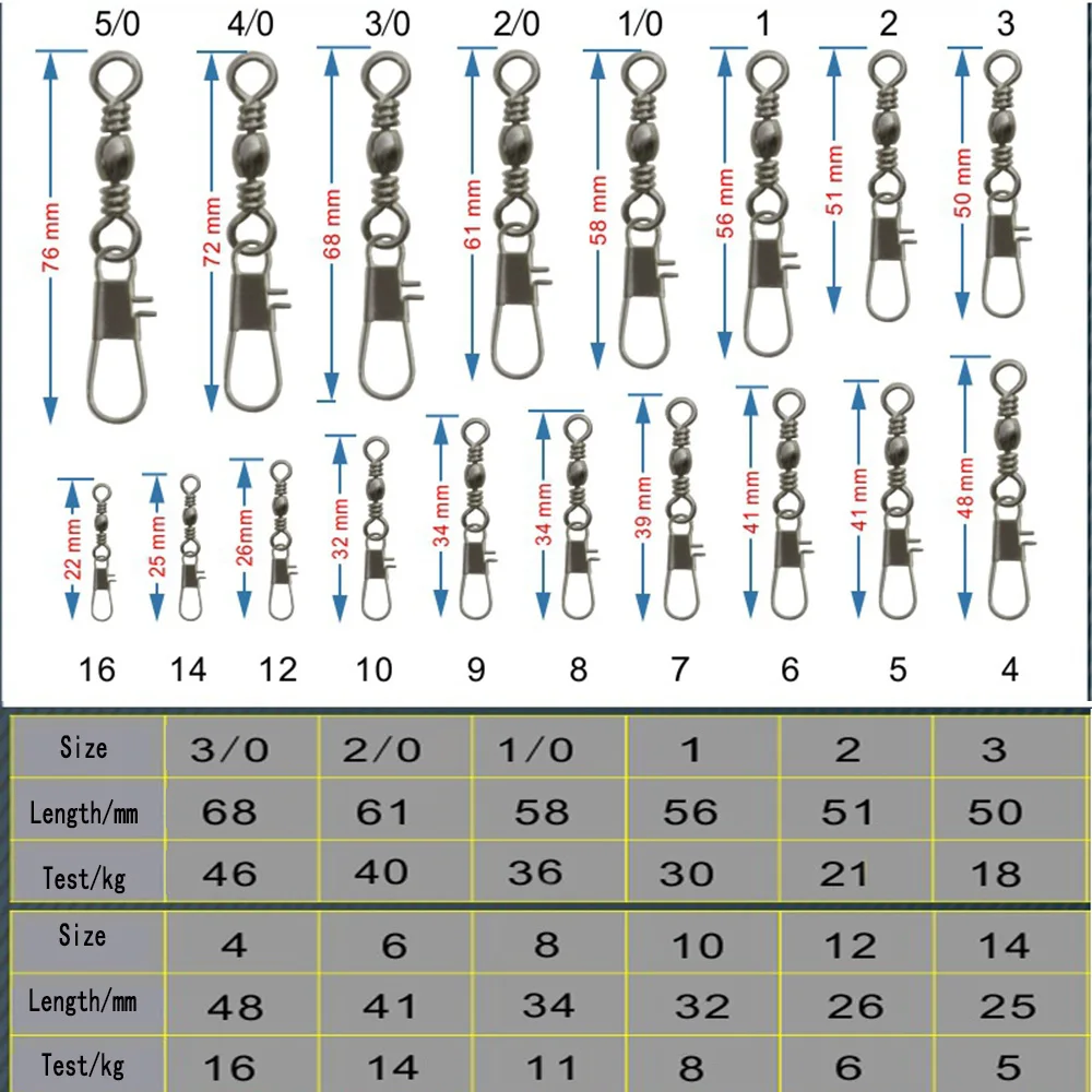 Giros para isca de pesca, 14 # a 3/0 #, 50pcs, conector instantâneo, conector, rolamento sólido, ferramenta para equipamentos de pesca