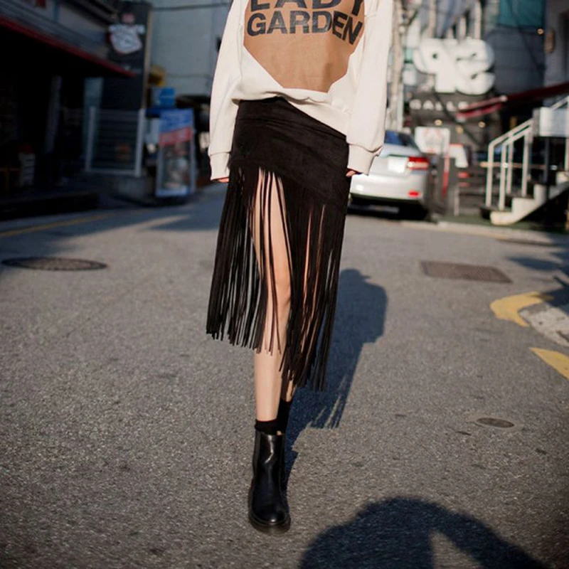 

Spring New Street Punk Catwalk Fashion Autumn Women Sexy Skirt Casual Tassel Fringe Vintage Hight Qulity Black Suede Velvet Skir