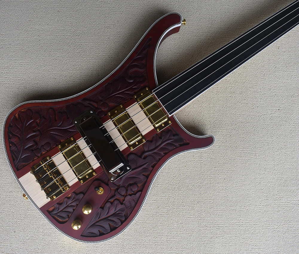 4 Strings Fretless Neck-thru-body Electric Bass Guitar with Sculpture Body,Rosewood Fretboard