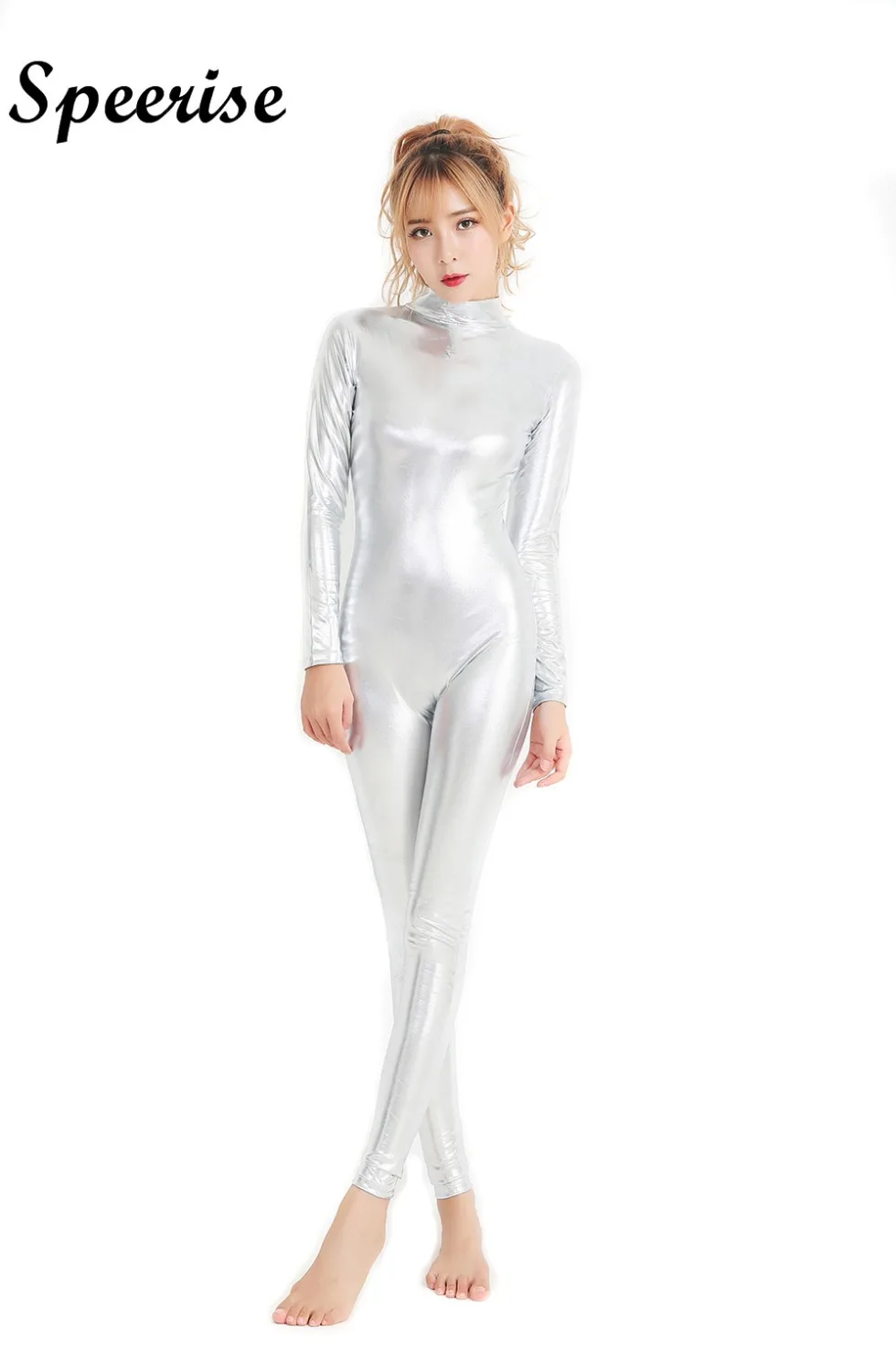 SPEERISE Women Long Sleeve Shinny Metallic Unitards Sex Full Body Bodysuit Spandex Dance Gymnastic Catsuit