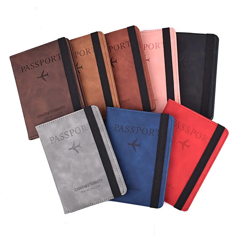 Elastic Band Leather Passport Cover RFID Blocking For Cards Travel Passport Holder Wallet Document Organizer Case Men Women