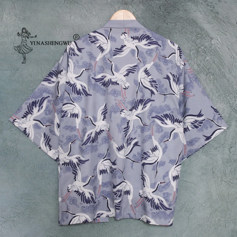 

New Style Traditional Clothes Style Kimonos Crane Print Japanese Kimono Cardigan Cosplay Shirt Blouse Loose Women Yukata Robe