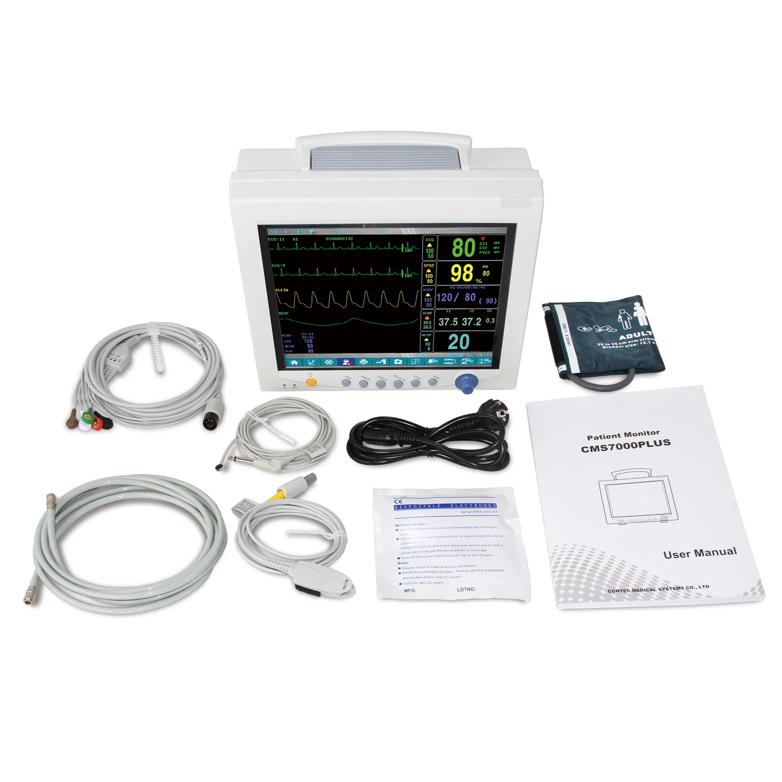 

CONTEC CMS7000PLUS Patient Montior ECG, RESP, SpO2, PR, NIBP and TEMP Internal Battery