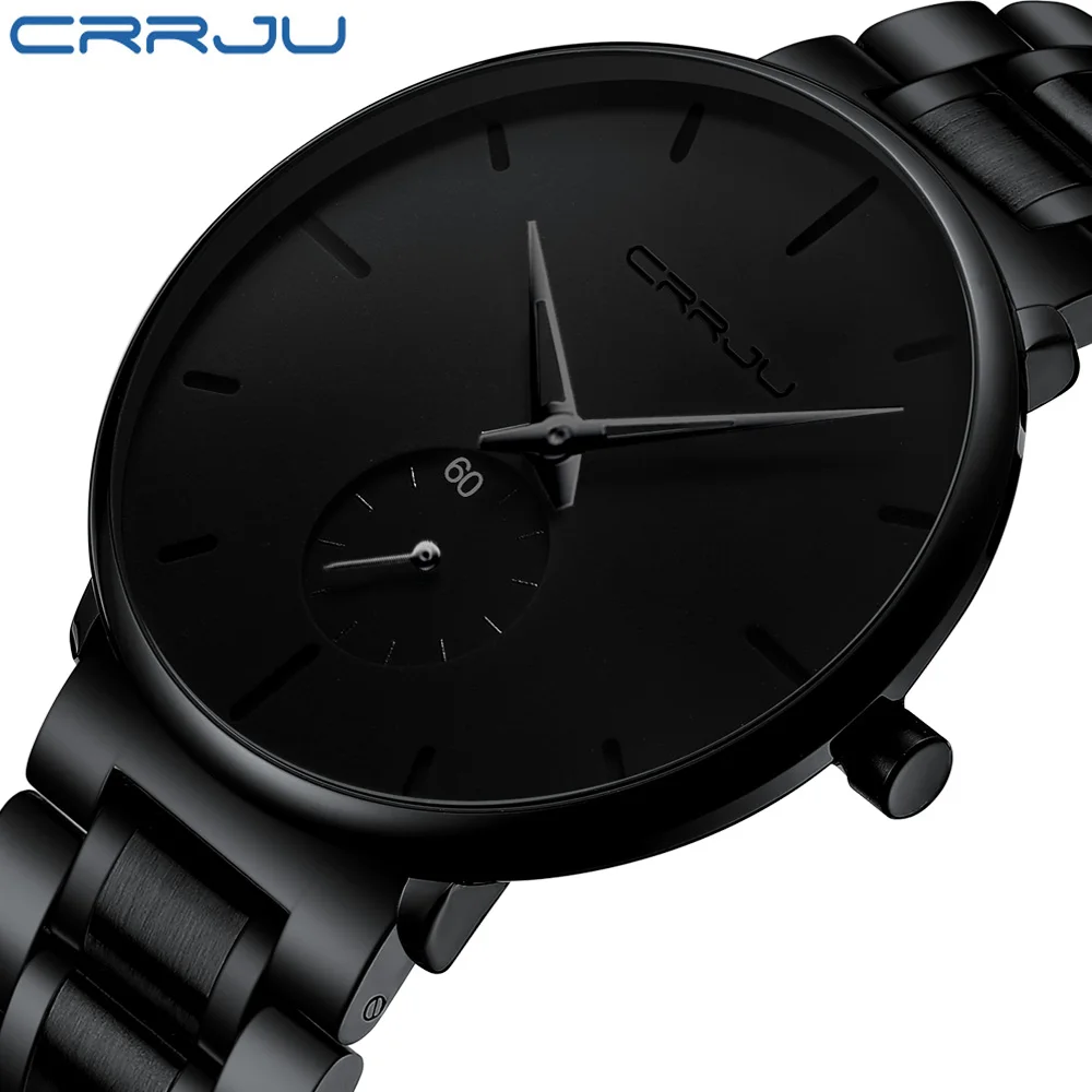 Watches for Men CRRJU Men's Fashion Black Stainless Steel Wrist Watch Waterproof Business Dress Watch for Men Relogio Masculino