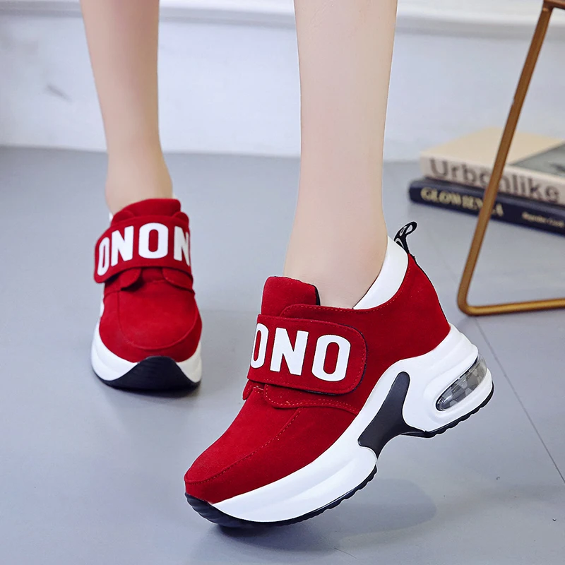 Women High Heel Leisure Platform Sneakers Black Red Lady Breathable Height Increasing Running Shoes Slip on Wedges Trainers