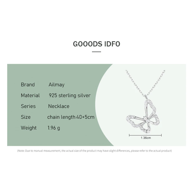 Ailmay Genuine 925 Sterling Silver Charm Elegant Butterfly Animal Clear Zircon Necklace For Women Fashion Statement Fine Jewelry