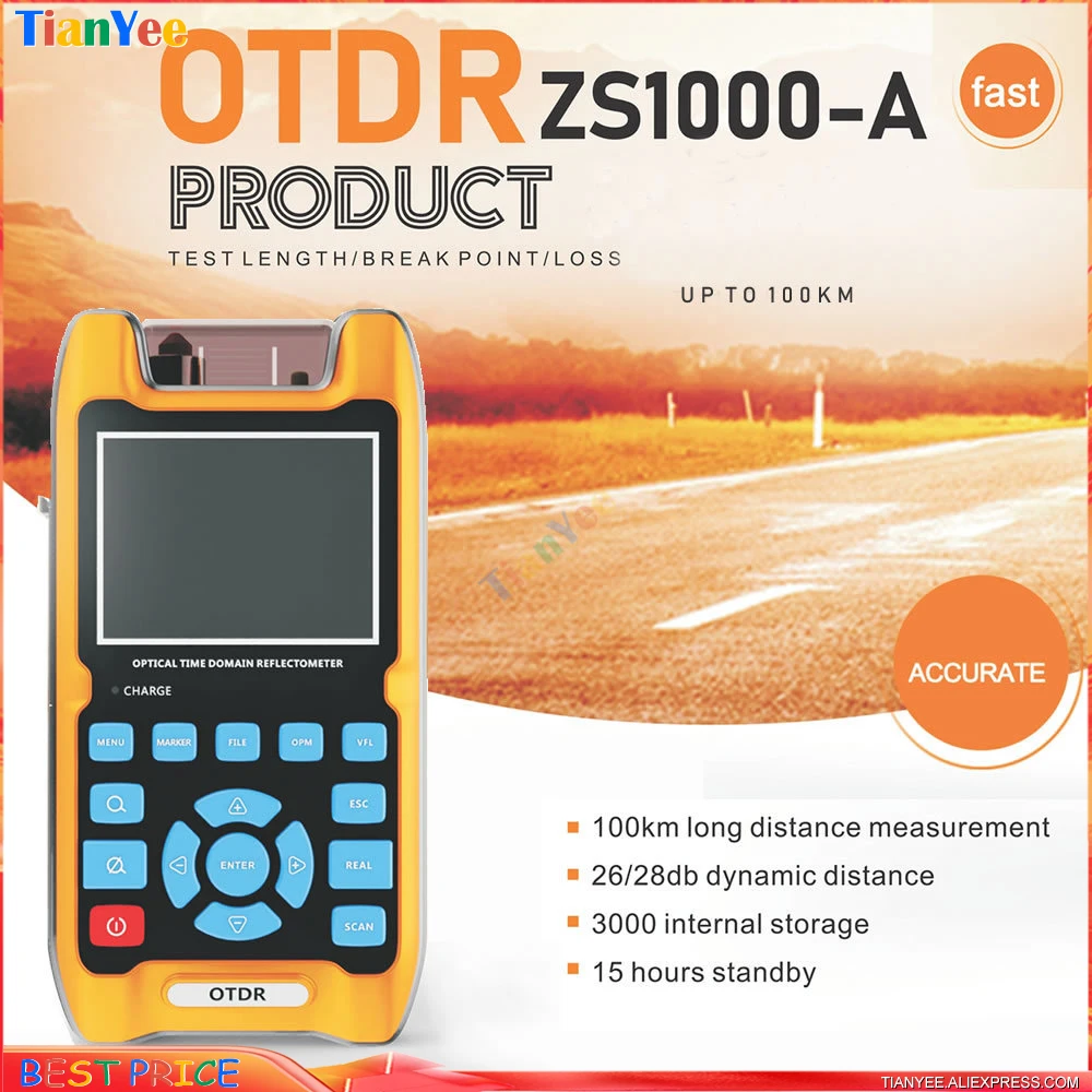 

Free shipping ZS1000-A OTDR 100KM + VFL 5KM Optical Time Domain Reflectometer 1mW 100km 32dB/30dB 1310mm / 1550mm Box suit