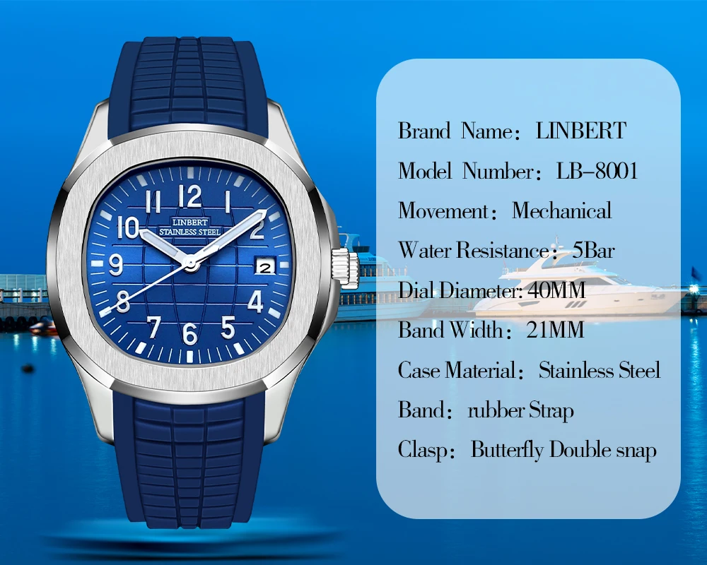 LINBERT-Reloj para hombre, reloj mecánico automático, digital, manecillas luminosas, acero inoxidable, 41 mm, nuevo, de lujo, resistente al agua