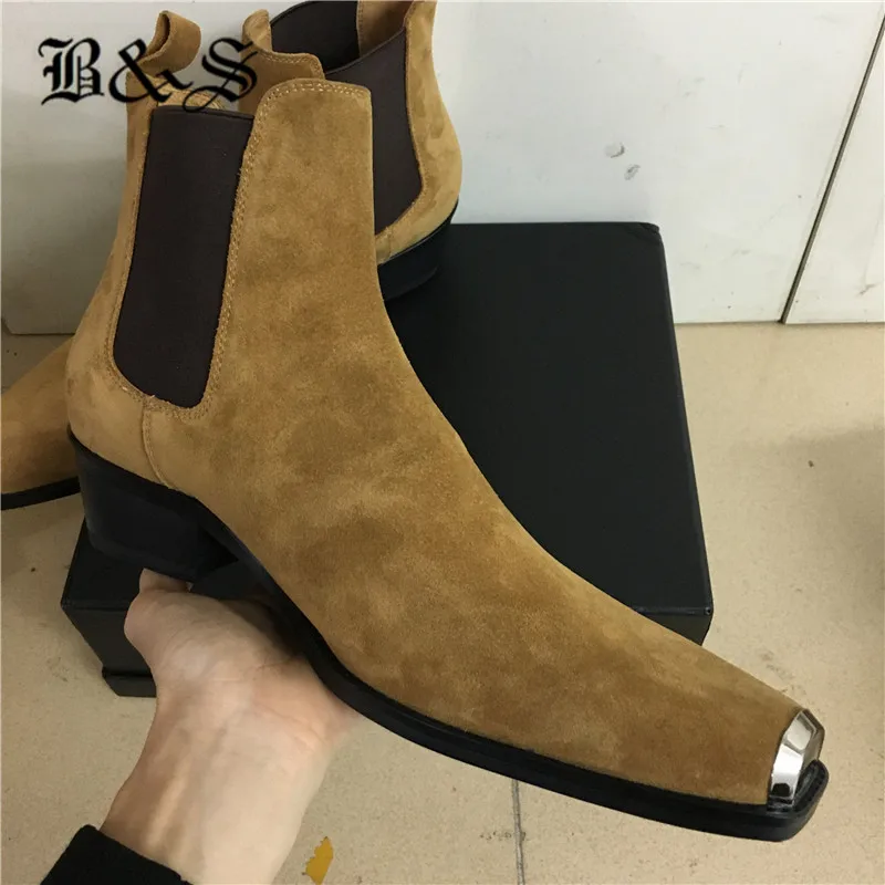 

Black& Street 5cm heel NEW Men square iron Toe Slip On Suede Chelsea Boots Real Leather Handmade designer Brand Boots