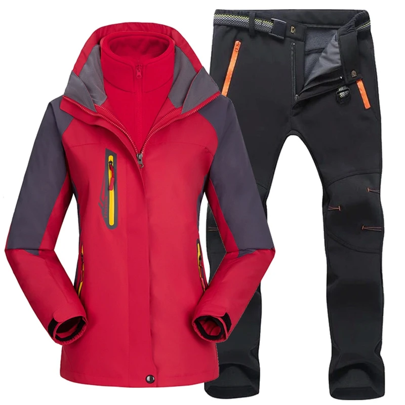 Ensemble veste et pantalon de ski imperméables pour femme, trempés, extérieur, randonnée, ski, pêche, trekking, chaud, sourire, femme, hiver