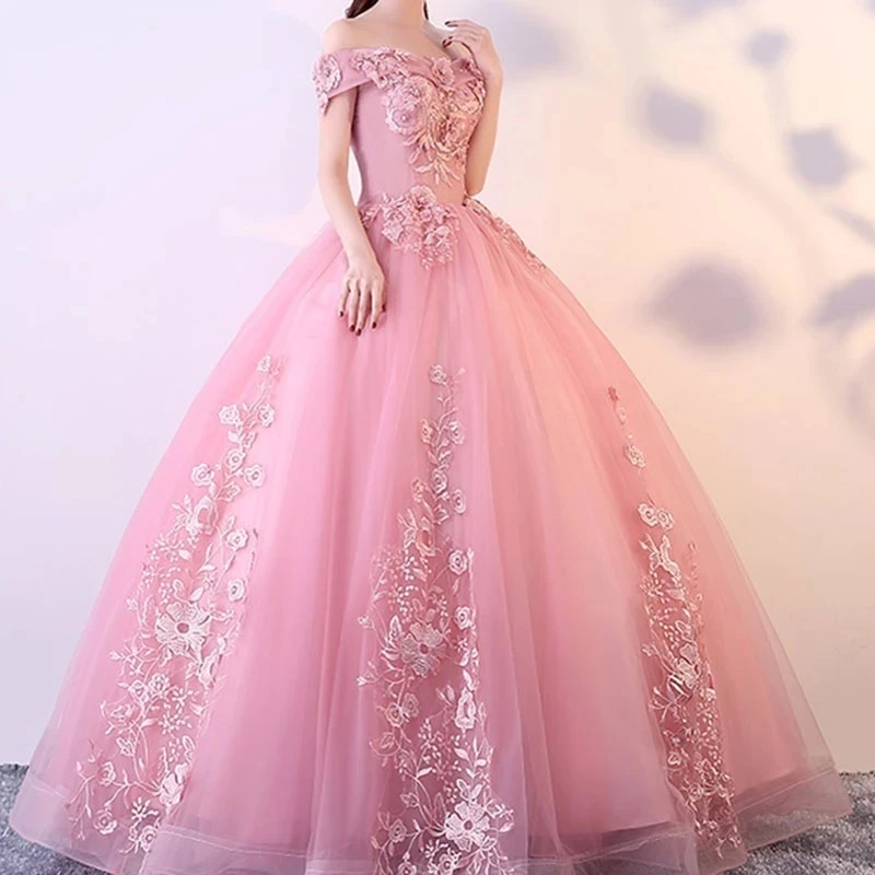 Vestido de baile con bordado para mujer, vestido de boda con flores rosas, Quinceañera de 15 pulgadas, con cuello de barco, para baile de graduación