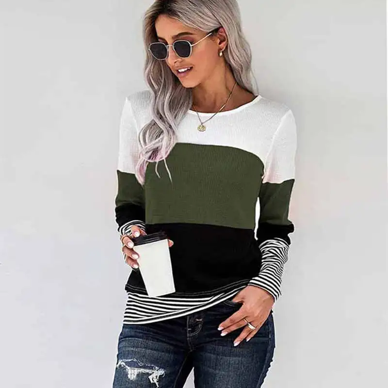 Spring Autumn Polyester Women's Sweater Round Collar Long Sleeve Pullover Knitted Striped Slim Fashion Streetwear Sweater