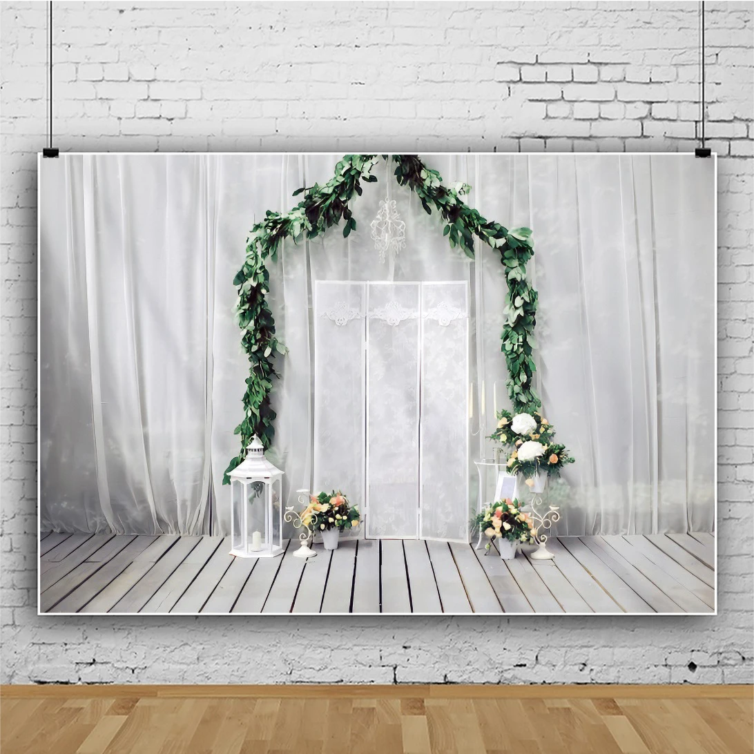 

Laeacco Gray Curtain Lantern Flowers Arch Wreath Doll Wooden Floor Party Wedding Portrait Photo Backdrop Photographic Background