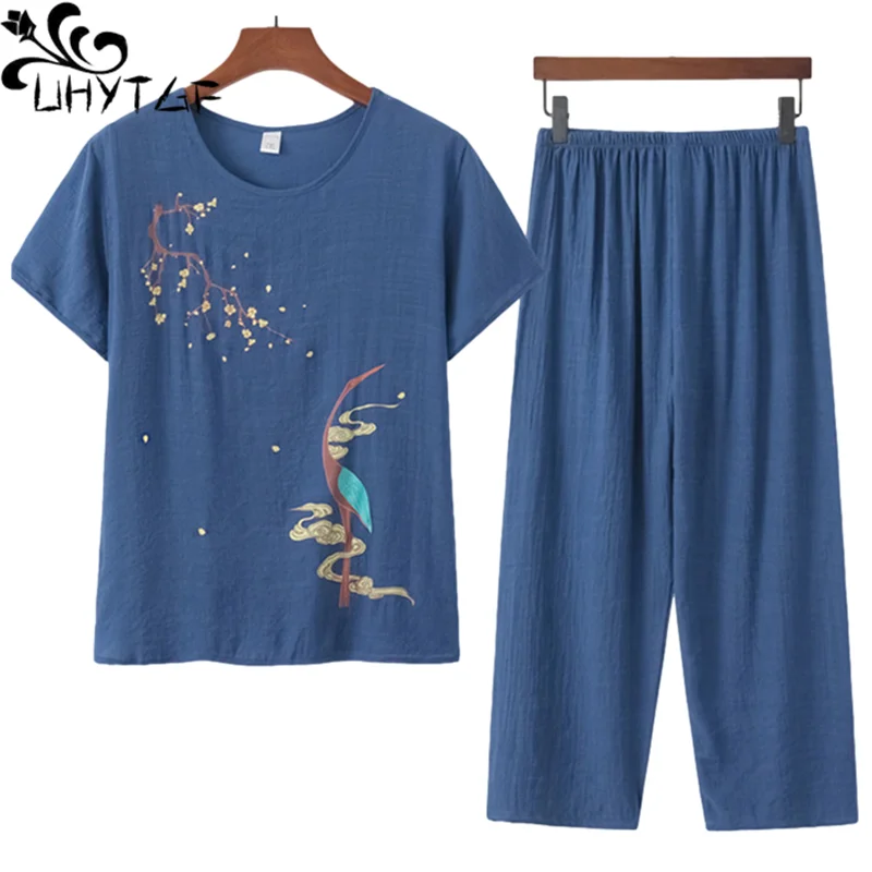 UHYTGF Middle-Aged Elderly Summer Pajamas For Women Thin Cotton Linen Two-Piece Set Female Home Clothes Big Size Sleepwear 1343