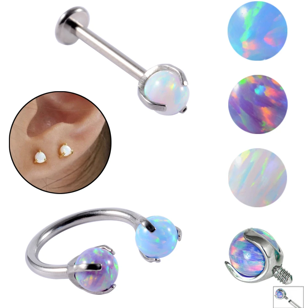 Surgical Steel Claw Opal ball Labret Monroe Lip Stud Opal Ear Cartilage Tragus Helix Earring Horseshoe Barbell Piercing 16g