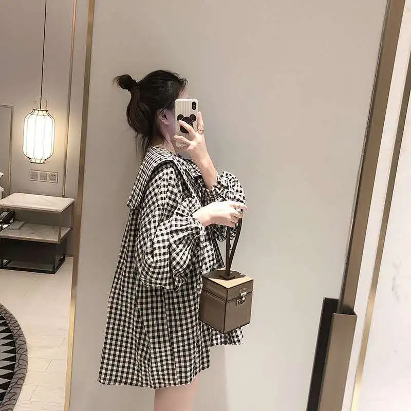 Bow Shirts Womens 2021 New Korean Lantern Sleeve Plaid Oversized Blouse Young Preppy Style Plus Size Lapel Peter Pan Collar Tops