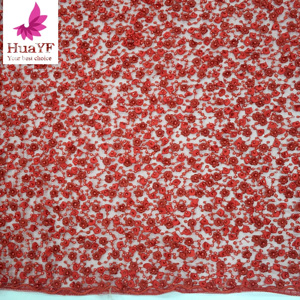 Luxury Red Heavy 3D Flower Mesh Lace HandWork Beaded Tulle Fabrics For Wedding Dress HY1049