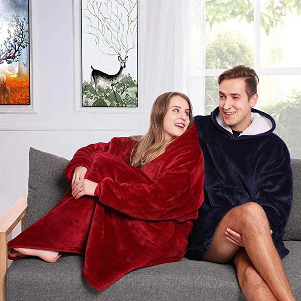 Outdoor Hooded Pocket Blankets Winter Warm Soft Hoodie Slant Robe Bathrobe Sweatshirt Pullover TV Fleece Blanket With Sleeves