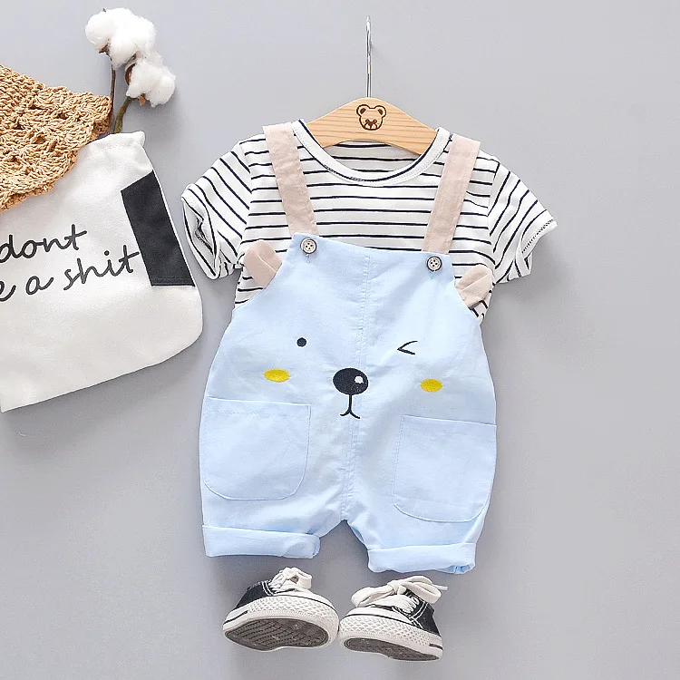 summer kids clothing new baby boy clothes sets cartoon short-sleeved striped T-shirt + shorts 2 piece boy girl suit