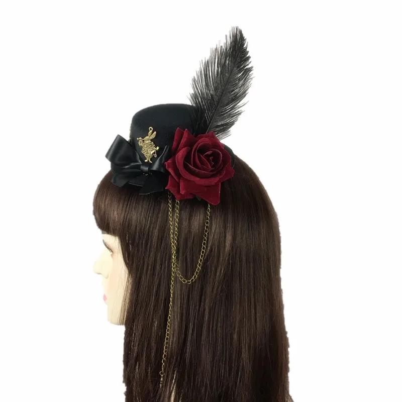 Rose flower rabbit vintage gothic little top hat dark lolita little top hat hairpin retro accessories