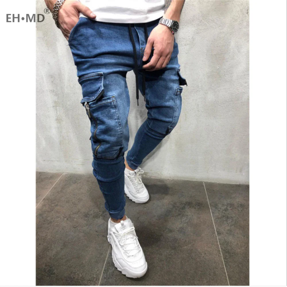 EH · MD® Zip Pocket Jeans Men's Feet Casual Trousers Soft Fabric Skinny Solid Color Fashion Slim 2020 Trendy Brand Black Blue