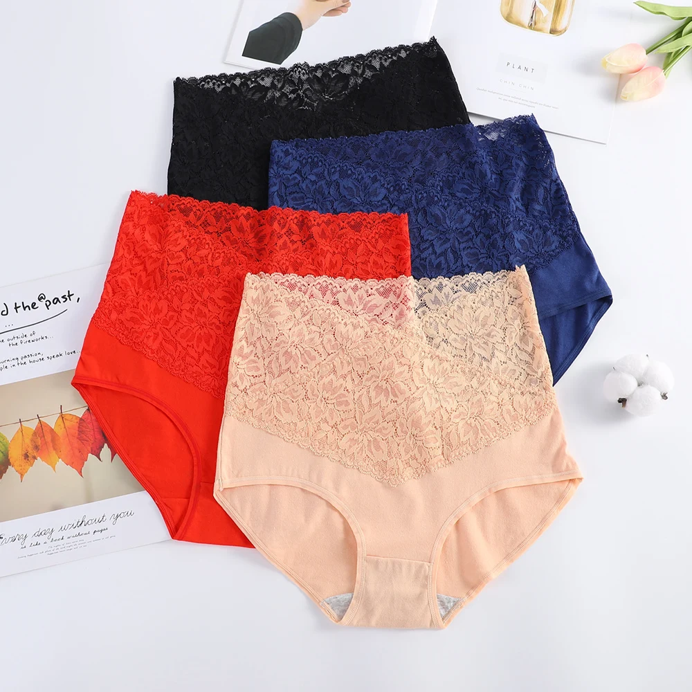 V-neck High Waist Underwear Women Cotton Lace Panties Hot Temptation Girls Belly Briefs